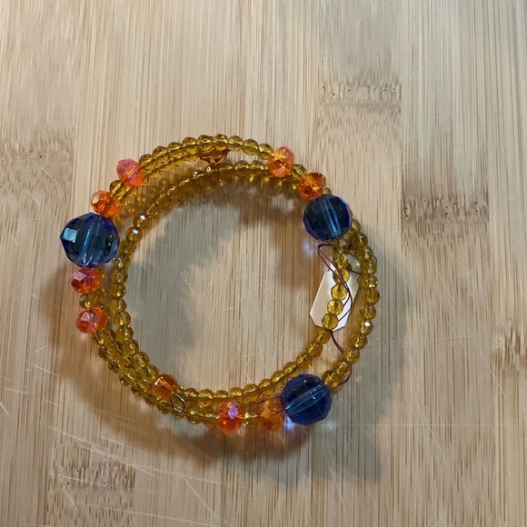 Hand Crafted Vibrant Beaded Crystal Necklace and Bracelet Set Blue Orange Yellow - Picture 4 of 8